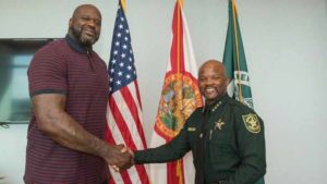 Shaquille O'Neal (left) greets Broward County Police Chief Gregory Tony. Photo: Broward County Sheriff