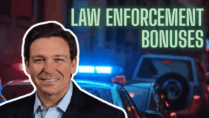 A man in a suit stands in front of police cars with flashing lights, accompanied by the text "LAW ENFORCEMENT BONUSES."