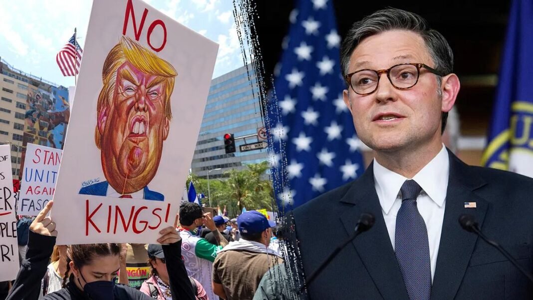 Speaker Mike Johnson Defends Calling Anti-Trump Demonstrations ‘Hate America’ Rallies A protest scene shows a demonstrator holding a sign that reads "NO KINGS!" with a banner of the U.S. flag in the background.