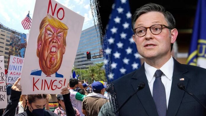 A protest scene shows a demonstrator holding a sign that reads 