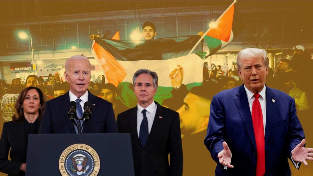 A crowd holding a large flag in the background, with two political figures at the forefront addressing an audience.