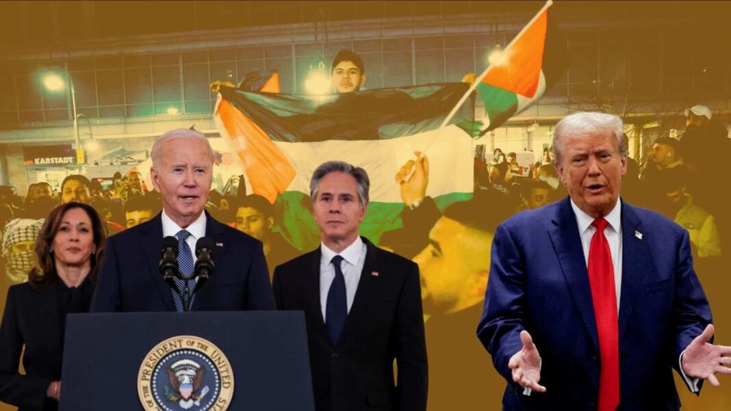 Trump Helps Secure Hostage Release in Gaza, Biden Acknowledges A crowd holding a large flag in the background, with two political figures at the forefront addressing an audience.