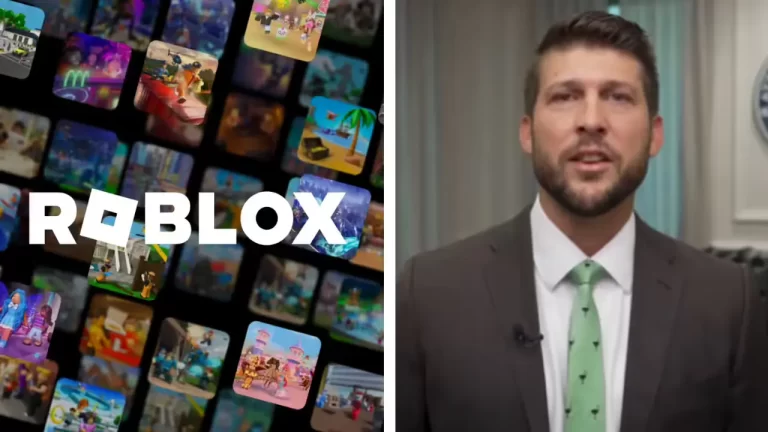 A collection of colorful Roblox game thumbnails fills the left side, while a man in a suit and tie stands on the right.