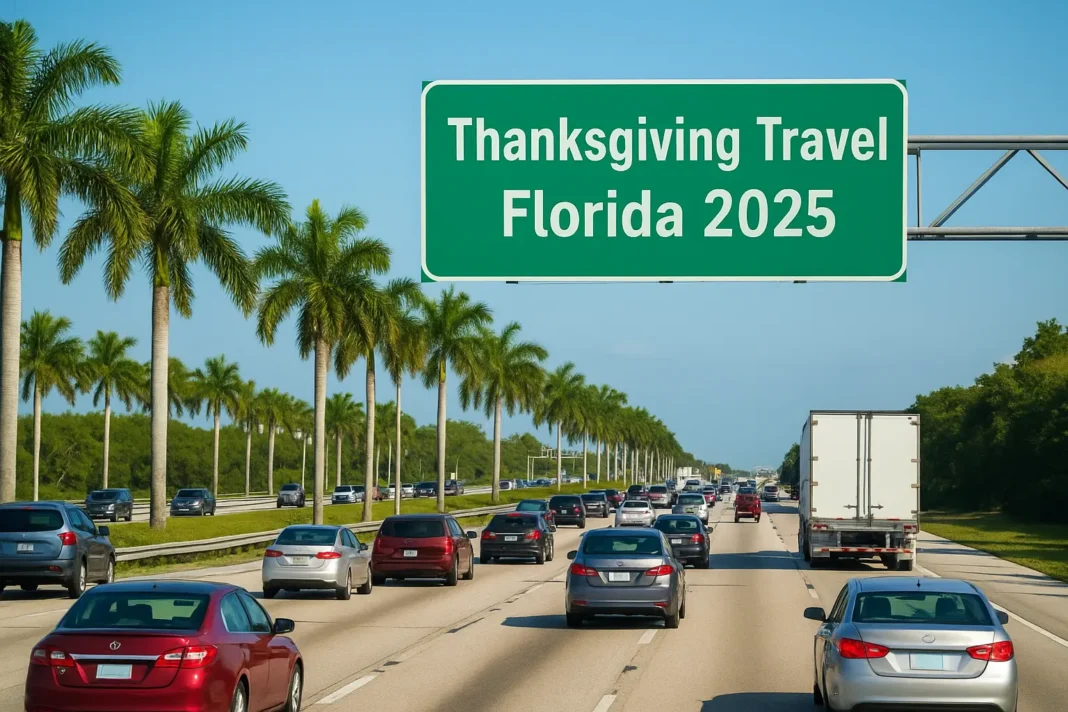 Florida Braces for Record-Breaking Thanksgiving Travel: Here Are the Most Popular Destinations Traffic on a Florida highway under a sign reading "Thanksgiving Travel Florida 2025," flanked by palm trees and blue skies.