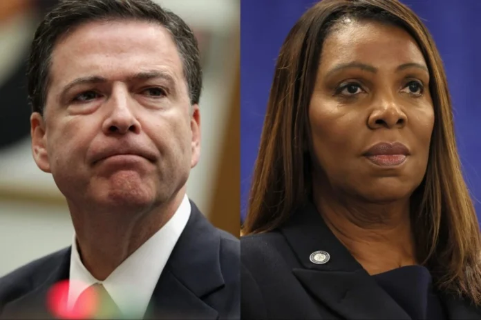 James Comey and Letitia James split-screen photo with federal courthouse background after judge dismisses indictments