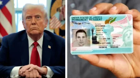 A person in a suit sits thoughtfully at a desk beside the U.S. flag. Next to them, a hand holds a U.S. Permanent Resident card, displaying a photo and details.
