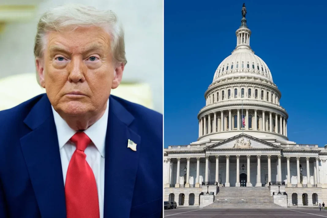 trump-deal-government-shutdown-2025 A man in a blue suit and red tie sits prominently, beside an image of the U.S. Capitol building against a clear blue sky.