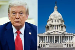 A man in a blue suit and red tie sits prominently, beside an image of the U.S. Capitol building against a clear blue sky.
