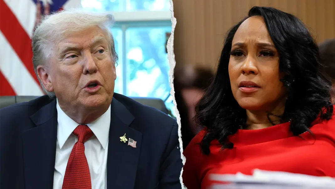 trump-fani-wilis-case-2025-final A split image showing a man on the left in a suit with a flag pin, speaking with an intent expression, and a woman on the right in a red outfit