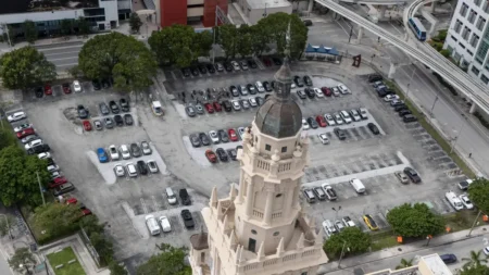 Aerial view of downtown Miami near the Freedom Tower, proposed site of the future Donald J. Trump Presidential Library.