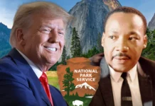National Park Service Changes Free Entry Days, Adds Trump’s Birthday, Removes MLK Day and Juneteenth A scenic background featuring mountains and greenery, with a National Park Service emblem in the center.