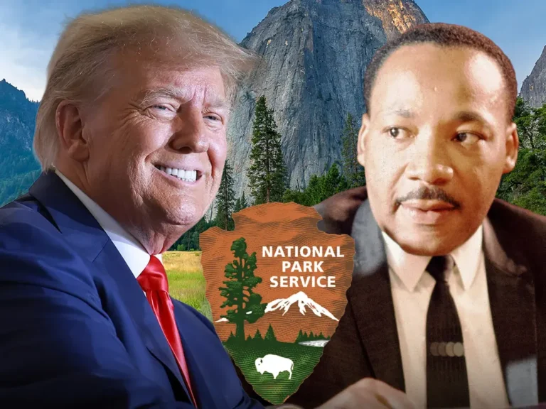 National Park Service Changes Free Entry Days, Adds Trump’s Birthday, Removes MLK Day and Juneteenth A scenic background featuring mountains and greenery, with a National Park Service emblem in the center.