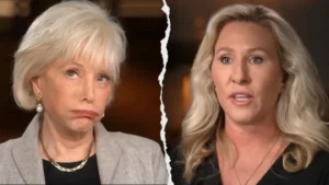 A split image shows two women facing each other. The woman on the left has short white hair and a skeptical expression. The woman on the right has long blonde hair and speaks earnestly.
