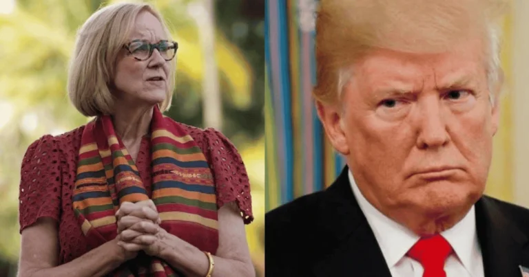 The Hate for Trump: Liberals Take Over Miami City Hall A woman in a red patterned dress and colorful scarf stands outdoors, clasping her hands and looking thoughtful. Beside her, a man in a suit appears serious.