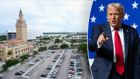 Split image; left shows Miami skyline with Freedom Tower and parking lot under a cloudy sky. Right shows a man in a suit with red tie pointing, against a blue starry background