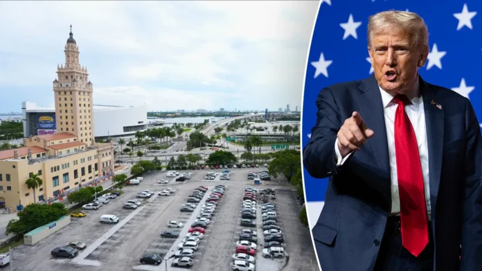 Split image; left shows Miami skyline with Freedom Tower and parking lot under a cloudy sky. Right shows a man in a suit with red tie pointing, against a blue starry background
