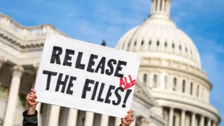 A protester holds a large sign reading "RELEASE ALL THE FILES!" in front of the U.S. Capitol building against a clear blue sky.
