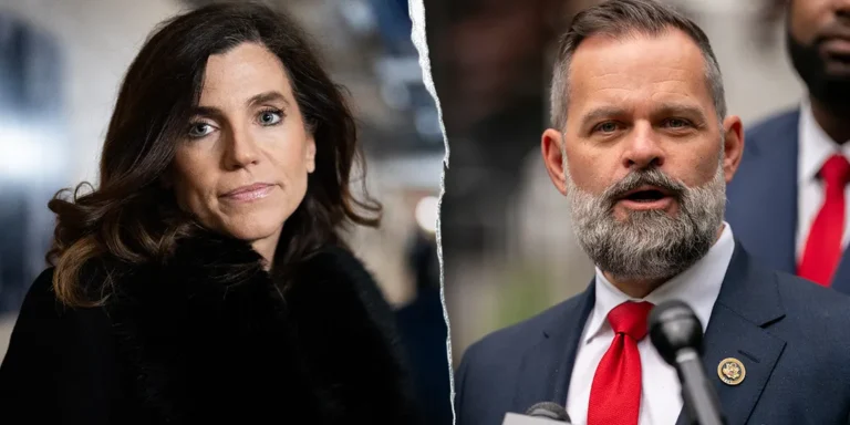 Split image of a woman in a black coat and a man in a suit with a red tie speaking at a microphone outdoors.