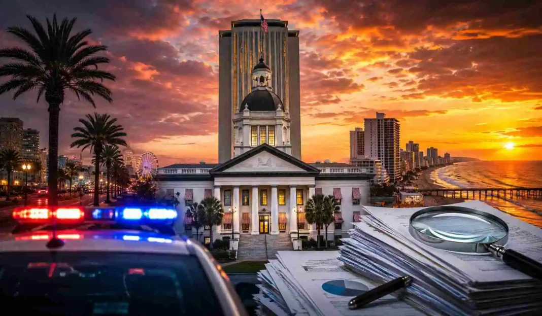 Florida-government-investigations-2026 Sunset cityscape with police car lights, historic government building, oceanfront high-rises, and stacked documents with magnifying glass and pen.