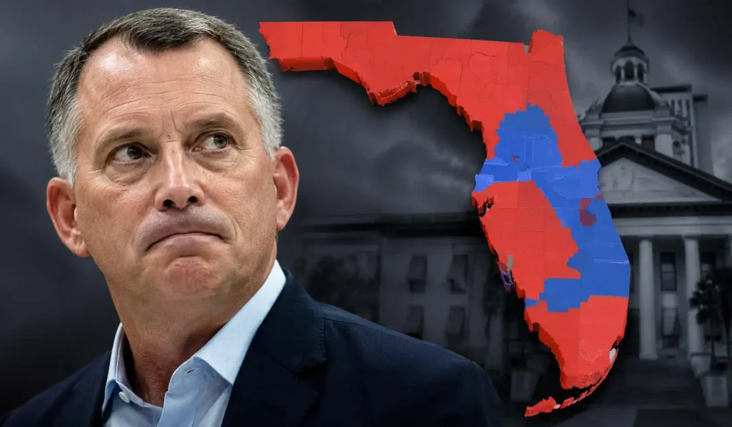 david-jolly-criticism-florida-governor-race Man in suit stands before dark background with Florida map showing red and blue voting districts and a government building in grayscale.