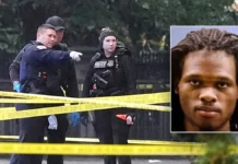 Deadly Shooting Near White House Leaves Bystander Injured Police officers investigate a crime scene behind yellow caution tape, with an inset of a blurred person's face.