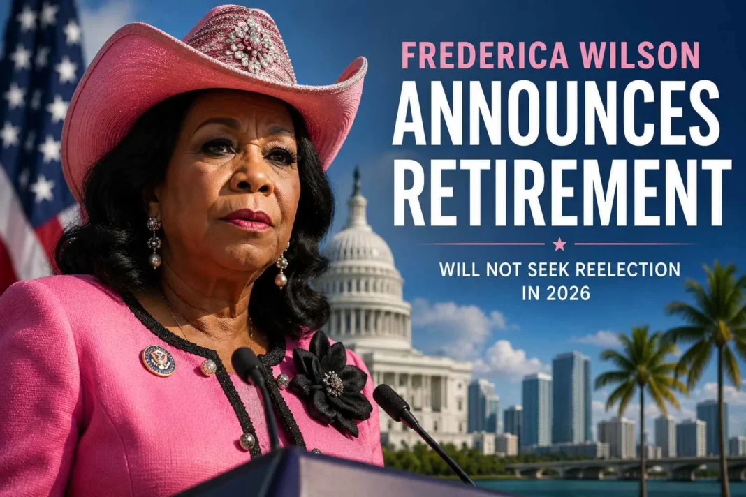 Frederica Wilson in a pink suit and hat stands at a podium; text beside her announces her retirement and decision not to seek reelection in 2026.
