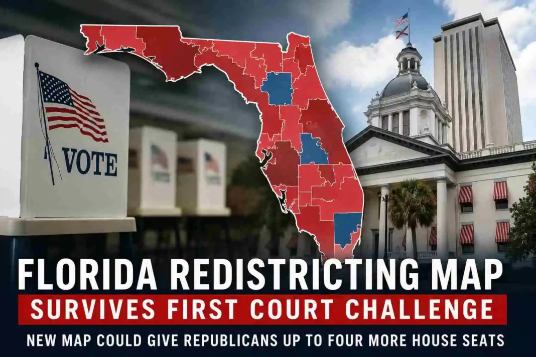 Florida redistricting map showing mostly Republican districts in red, a voting booth, and the Florida Capitol building.