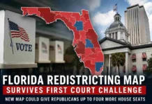 Florida Redistricting Map Survives First Court Challenge Florida redistricting map showing mostly Republican districts in red, a voting booth, and the Florida Capitol building.