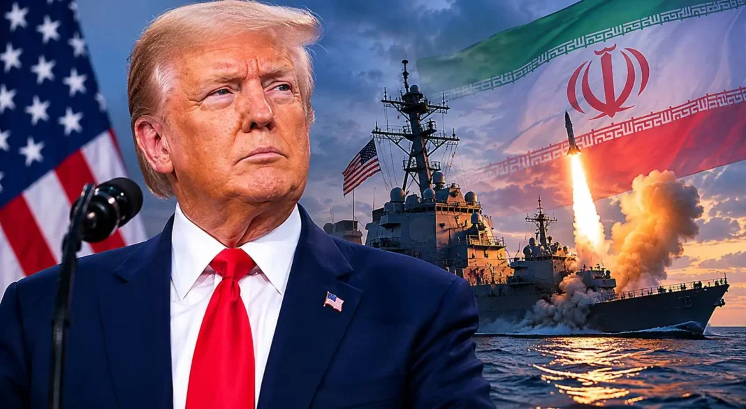 U.S. Launches Defensive Strikes in Iran Amid Ceasefire Talks A man in a suit with an American flag pin stands before a mic, with an American naval ship launching a missile against an Iranian flag backdrop.
