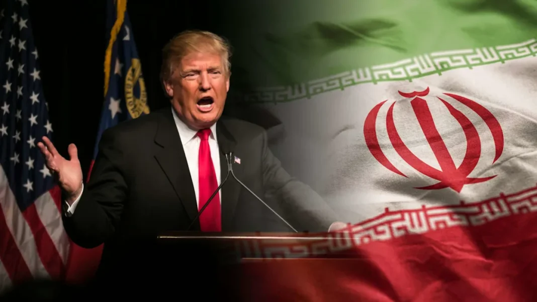 trump-iran-war-kingdom-come-final A person in a suit speaking at a podium with American flags behind them, overlaid with a waving Iranian flag.