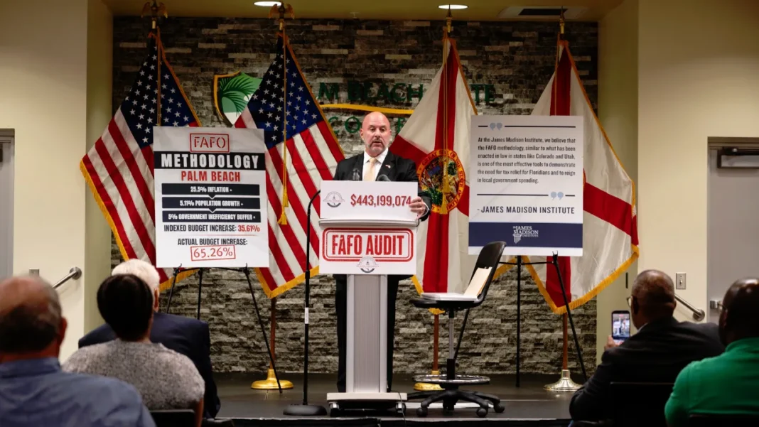 Florida Chief Financial Officer Blaise Ingoglia discusses Palm Beach County budget spending during a public event.