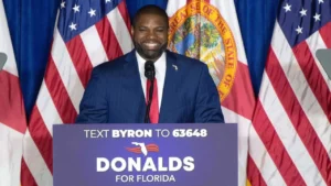 Byron Donalds speaks in a new Florida governor campaign advertisement targeting Democratic policies.
