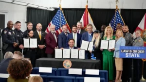 Governor Ron DeSantis signs the Officer Jason Raynor Act during a public safety event in Winter Haven, Florida.