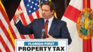 Florida Gov. Ron DeSantis discusses the state's property tax amendment during a press conference.