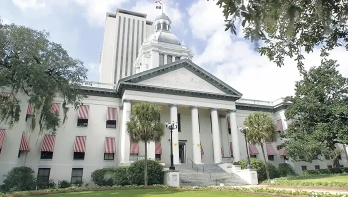 The Florida Capitol in Tallahassee at sunrise during Florida's 2026 political campaign season.