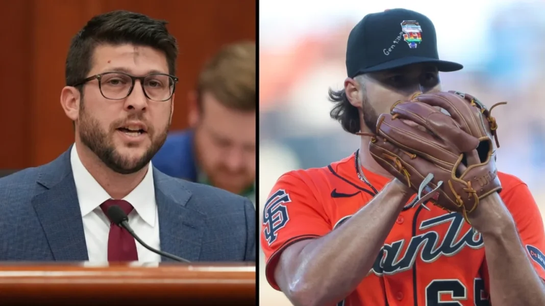 Florida Attorney General James Uthmeier and a Major League Baseball player wearing a Pride Night logo.