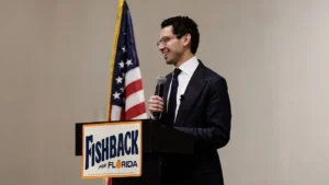James Fishback speaks during a Florida gubernatorial campaign event after being removed from the Sunshine State Showdown by the Republican Party of Florida.
