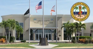 Lee County School District headquarters in Fort Myers during investigation into alleged payroll fraud scheme.