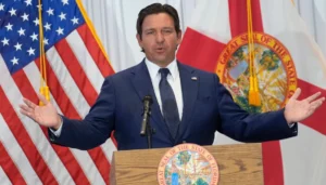 Florida Governor Ron DeSantis criticizes Republican Party of Florida debate rules during remarks in Tallahassee.