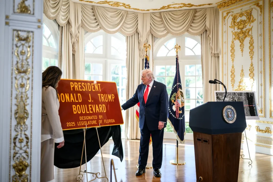 President Donald Trump during a Florida event as lawmakers consider a roadway designation in his honor.