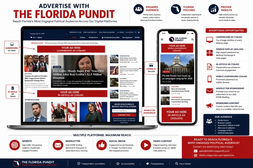 Advertise with The Florida Pundit media kit showing website, mobile, newsletter, and digital advertising opportunities.