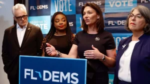 Nikki Fried speaks during a Florida Democratic Party news conference opposing Amendment 3, the proposed property tax constitutional amendment.