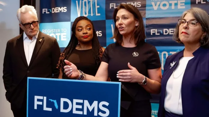 florida-democrats-property-tax-amendment-nikki-fried-2026 Nikki Fried speaks during a Florida Democratic Party news conference opposing Amendment 3, the proposed property tax constitutional amendment.