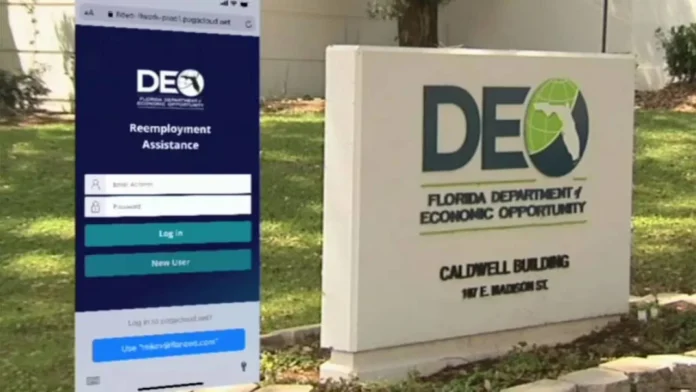 florida-unemployment-claims-deo-reemployment-2026 Florida unemployment benefits login screen alongside the Florida Department of Economic Opportunity headquarters.