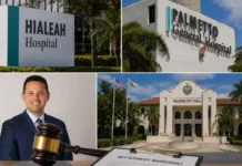 Hialeah Reaches Deal to Recover $2.4 Million in Disputed Hospital Utility Bills Collage showing Hialeah Hospital, Palmetto General Hospital, Hialeah City Hall, and Mayor Bryan Calvo following a $2.4 million settlement over disputed utility bills.