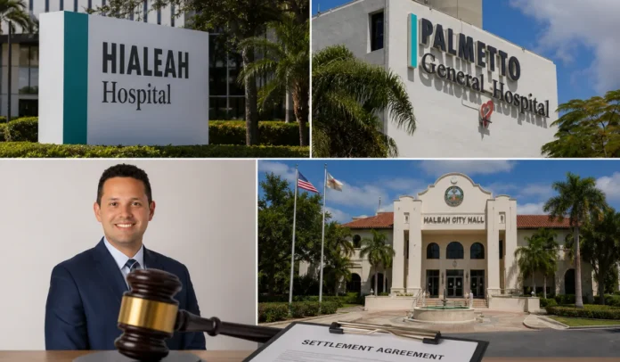 hialeah-hospital-utility-settlement-collage Collage showing Hialeah Hospital, Palmetto General Hospital, Hialeah City Hall, and Mayor Bryan Calvo following a $2.4 million settlement over disputed utility bills.
