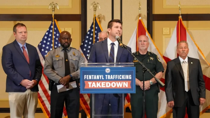 james-uthmeier-fentanyl-trafficking-takedown-july-2026 Florida Attorney General James Uthmeier announces charges against 49 defendants following a multi-county fentanyl trafficking investigation.