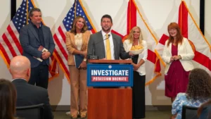 Florida Attorney General James Uthmeier speaks at a podium about the potassium bromate investigation