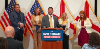 Florida Attorney General James Uthmeier speaks at a podium about the potassium bromate investigation