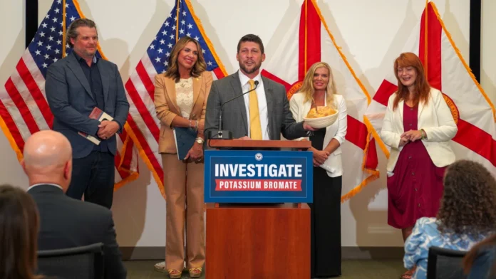 james-uthmeier-potassium-bromate-investigation-2026 Florida Attorney General James Uthmeier speaks at a podium about the potassium bromate investigation